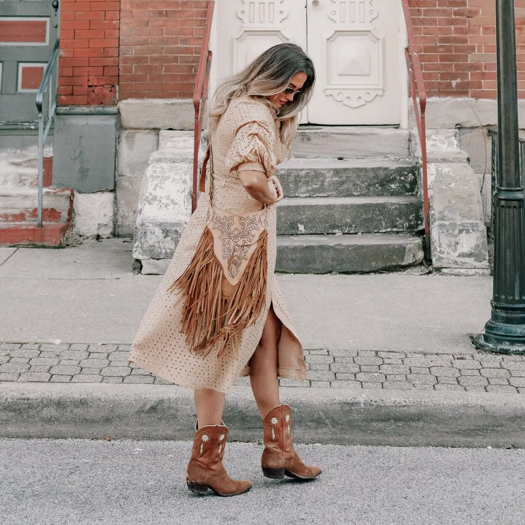 Bohemian Leather Fringe Purse, Tooled Crossbody Bag, Western Bag