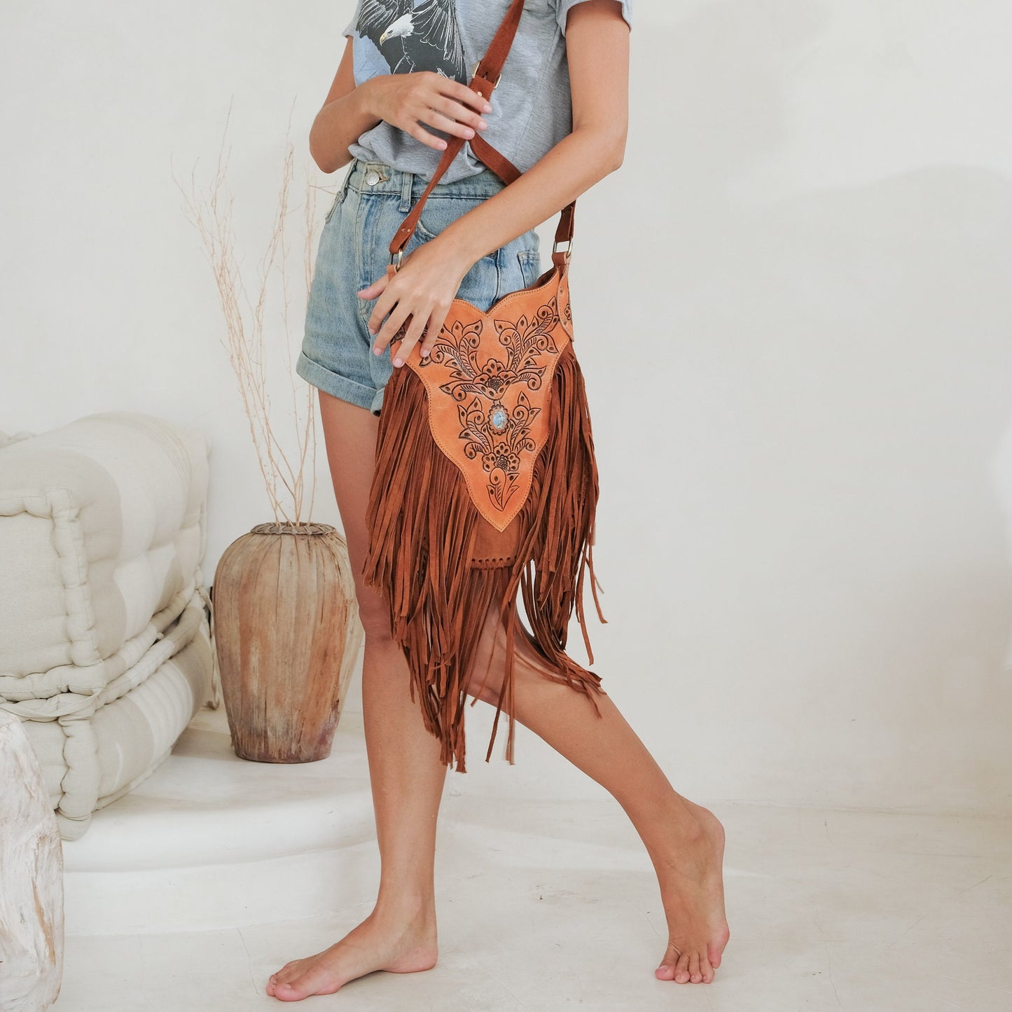 Bohemian Leather Fringe Purse, Tooled Crossbody Bag, Western Bag
