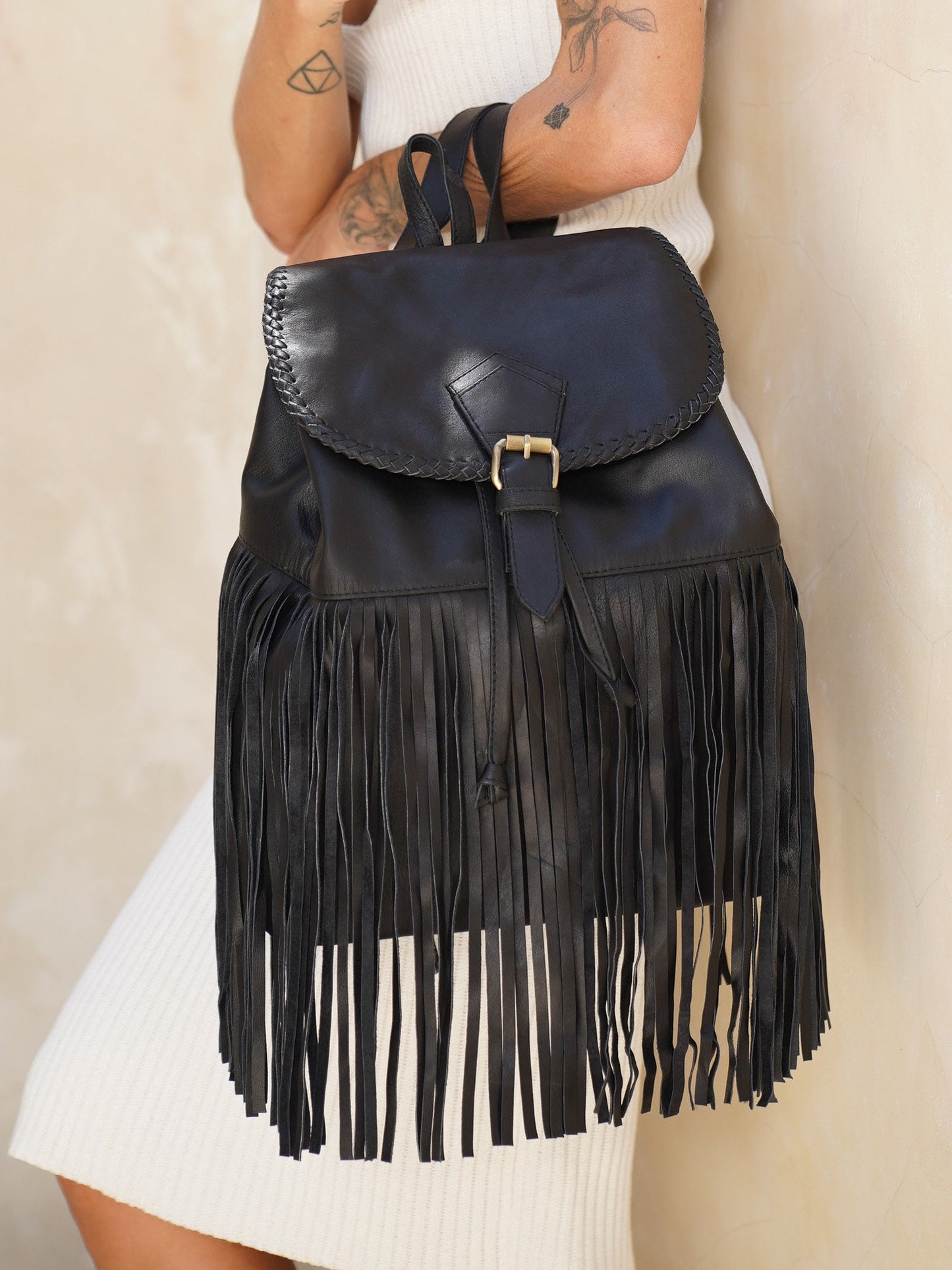 Black Leather Fringe Backpack, leather purse