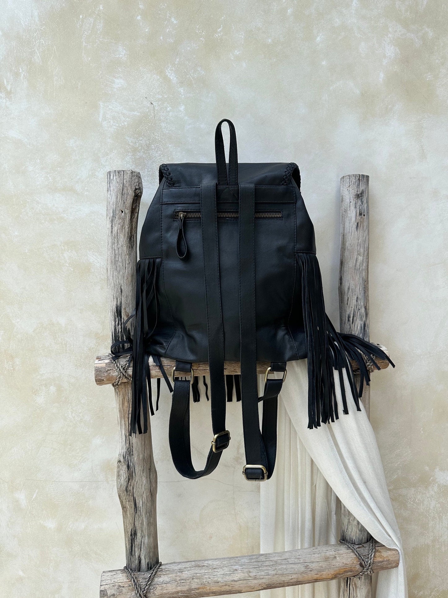 Black Leather Fringe Backpack, leather purse