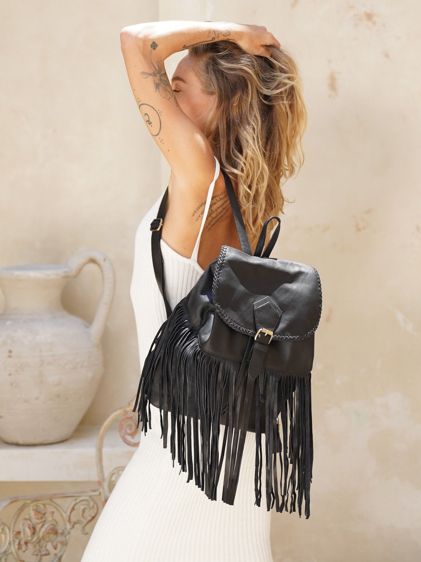 Black Leather Fringe Backpack, leather purse