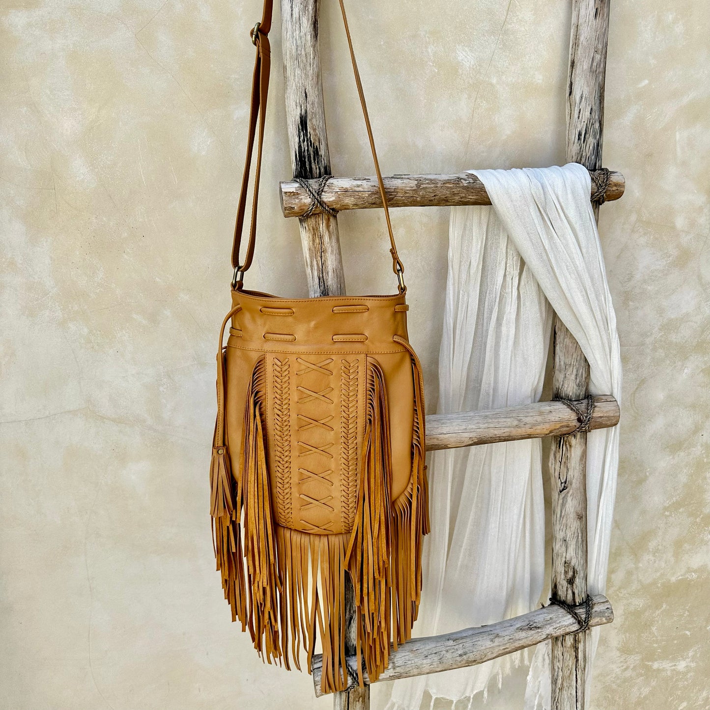 Bohemian Boho Tan Leather Fringe Crossbody Bags