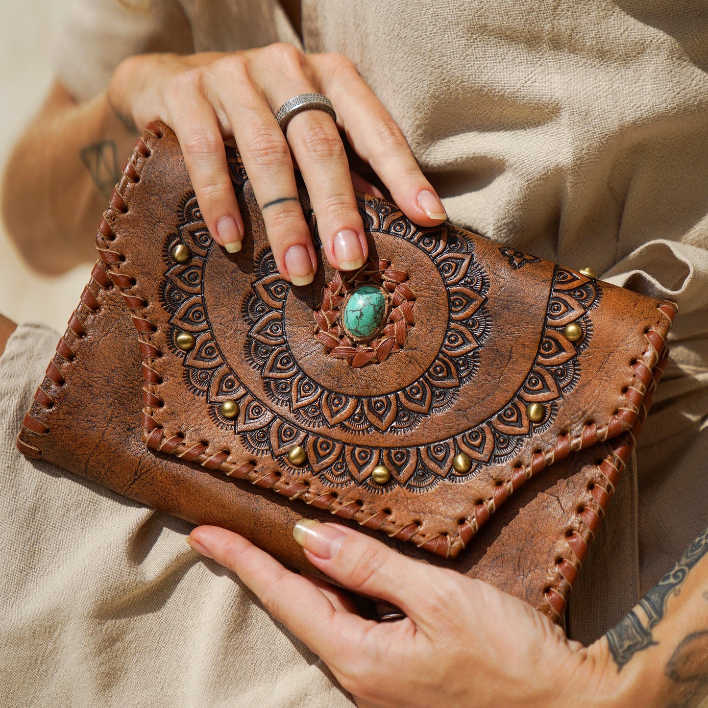 Leather tooled Wallet, boho clutch, brown wallet