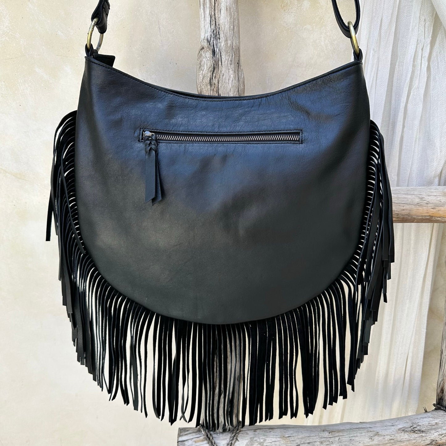Boho Black Leather Fringe Crossbody Purse