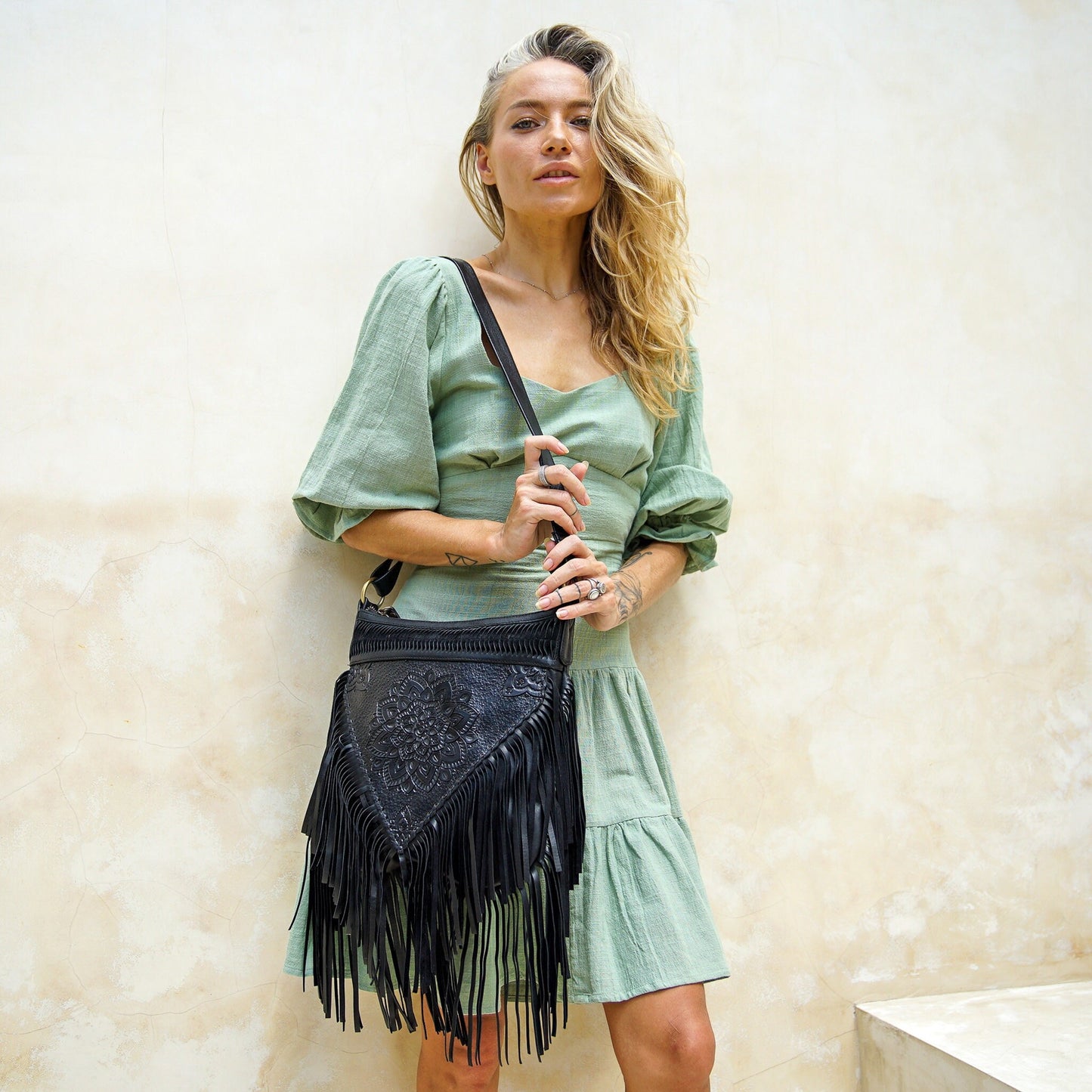 Black Tooled Bohemian Fringe Purse, Leather Crossbody bag, Boho Bag