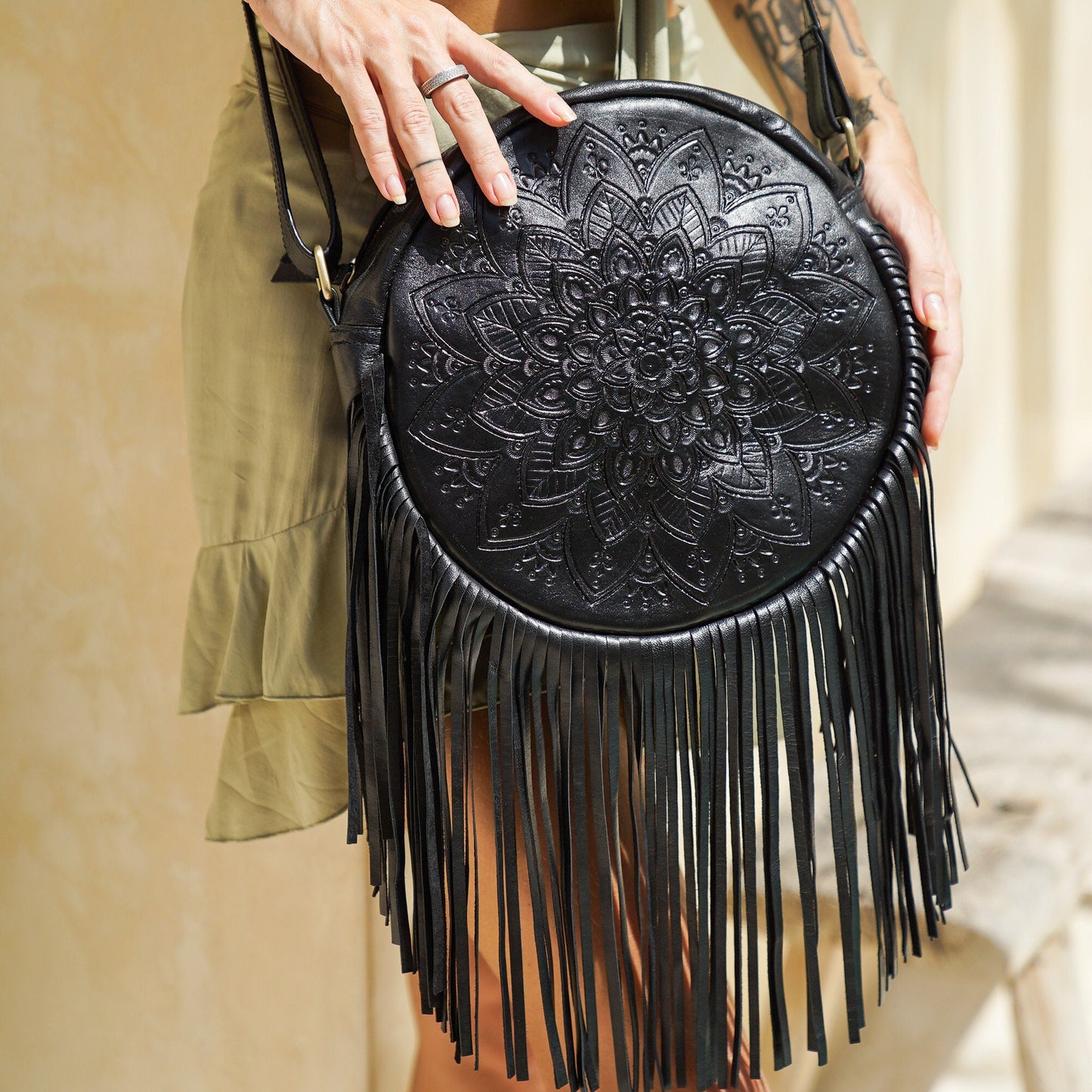 Boho Round Leather Fringe Purse, Cross body Bag with Fringes