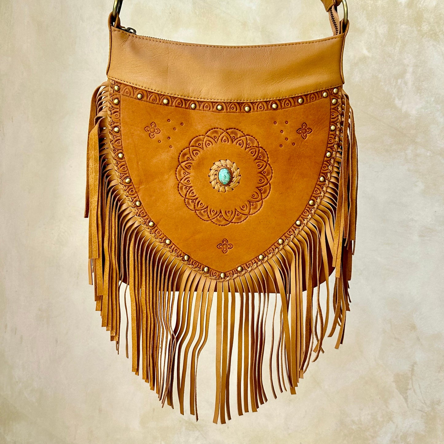 Bohemian Leather Tooled Purse, Festival Fringe Crossbody Bag