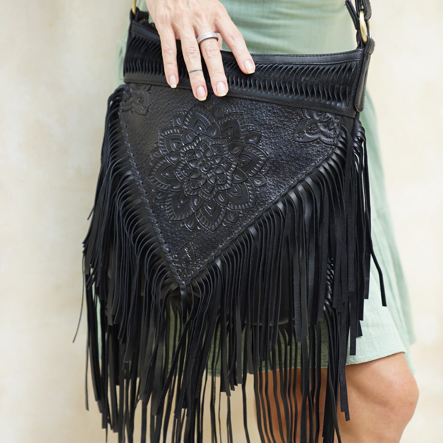 Black Tooled Bohemian Fringe Purse, Leather Crossbody bag, Boho Bag