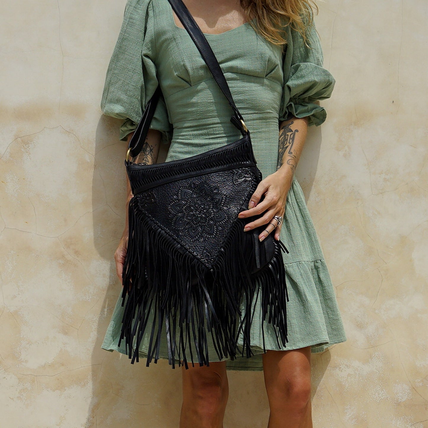 Black Tooled Bohemian Fringe Purse, Leather Crossbody bag, Boho Bag