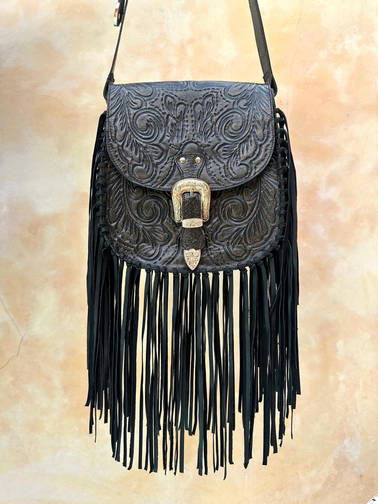 Black Western Hand Tooled Leather Fringe Crossbody Bag, Bohemian Festival