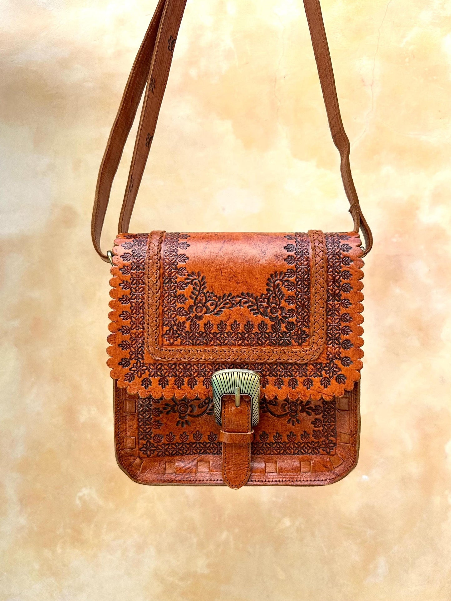 Hand tooled Boho Leather Crossbody Hippie Bag, Bohemian Style