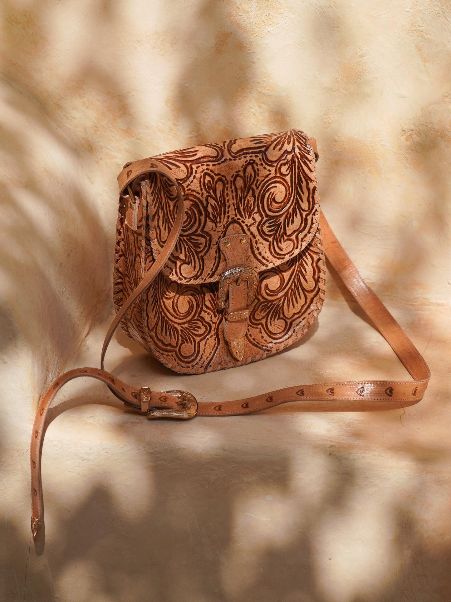 Hand Tooled Leather Boho Crossbody Bag, Boho Leather Purse