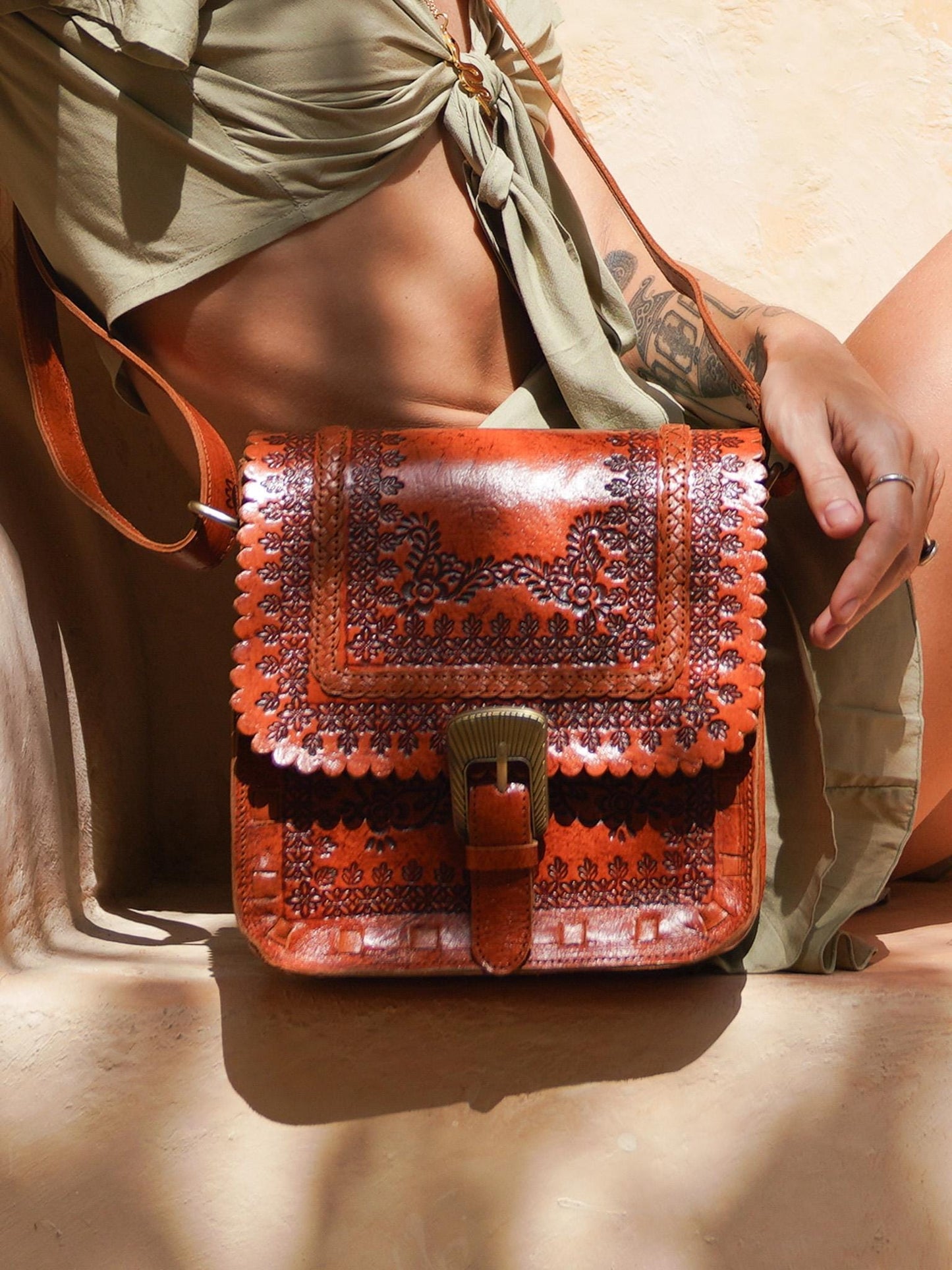 Hand tooled Boho Leather Crossbody Hippie Bag, Bohemian Style
