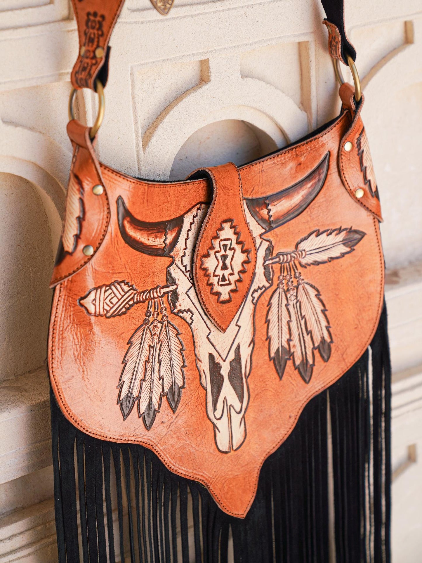 Wester Purse Crossbody, Hand Tooled Leather Bag, Boho Fringe Purse