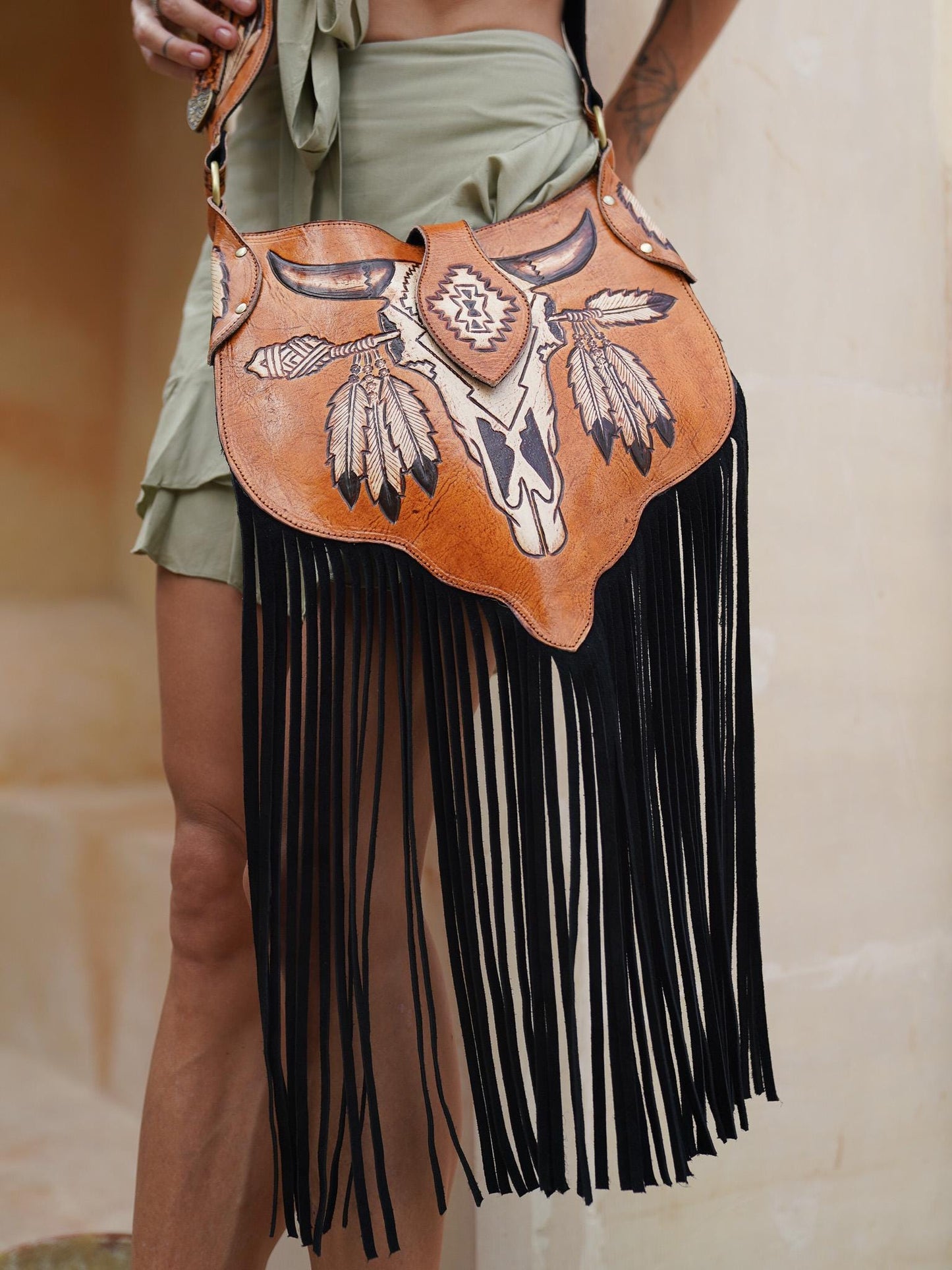 Wester Purse Crossbody, Hand Tooled Leather Bag, Boho Fringe Purse