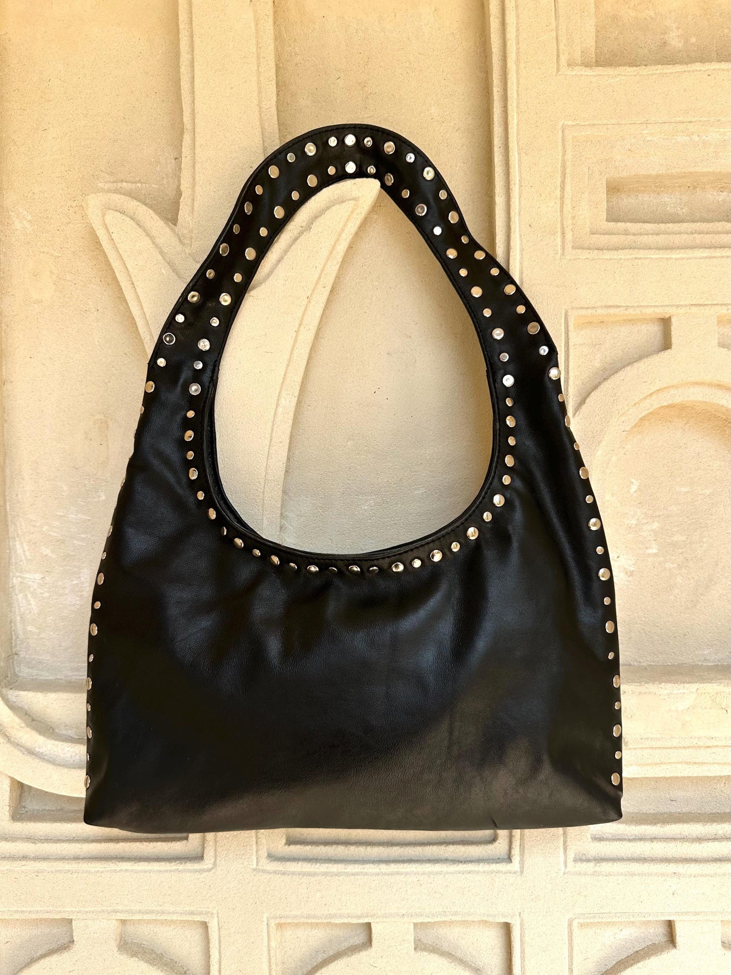Black Leather Studded Shoulder Bag, Small Leather Purse