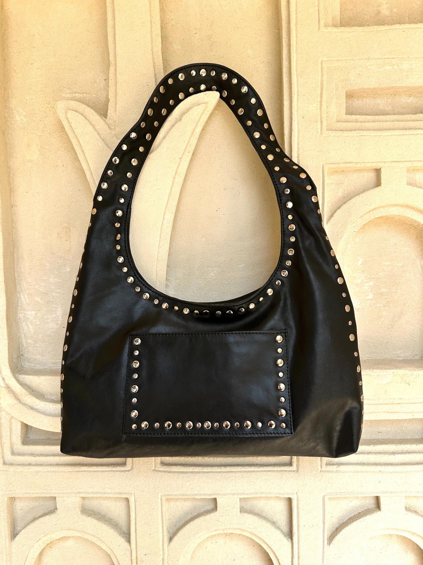 Black Leather Studded Shoulder Bag, Small Leather Purse
