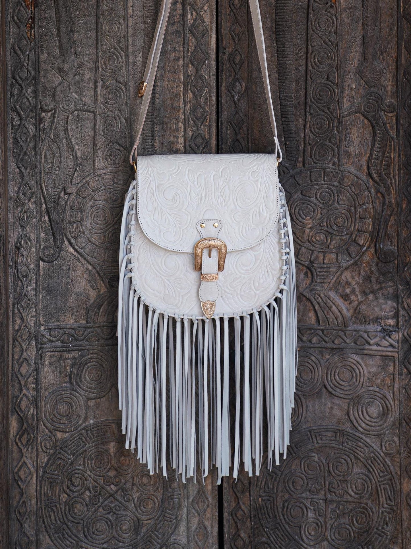 White Western Hand Tooled Leather Fringe Crossbody Bag, Boho Leather purse
