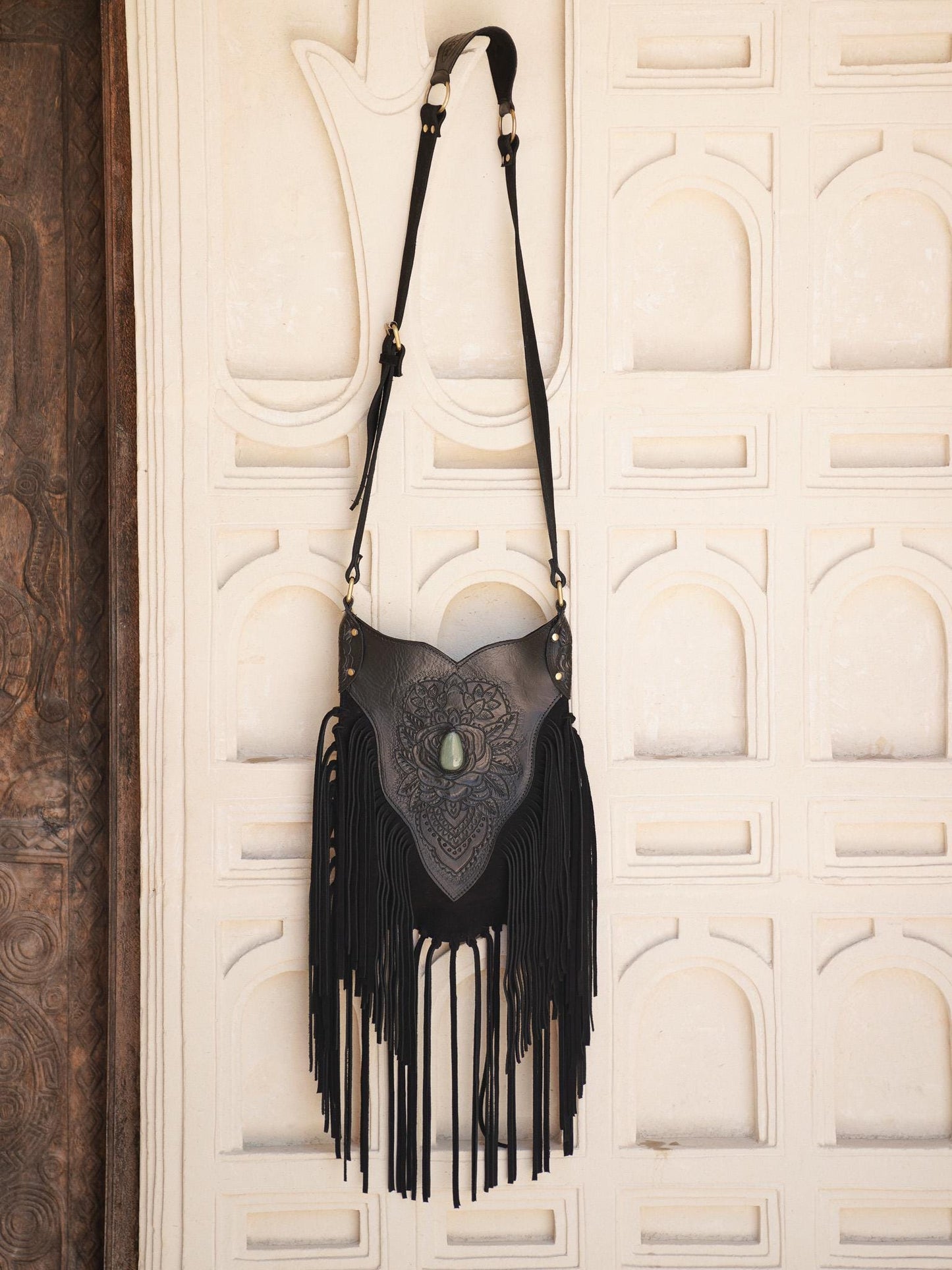 Black Boho Purse Leather Fringe Carved Crossbody, Hand tooled Purse