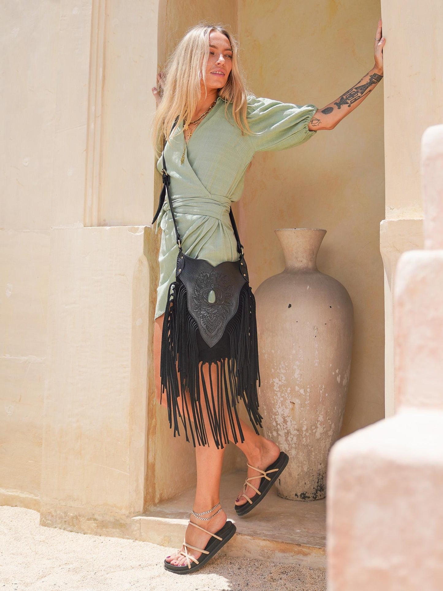 Black Boho Purse Leather Fringe Carved Crossbody, Hand tooled Purse