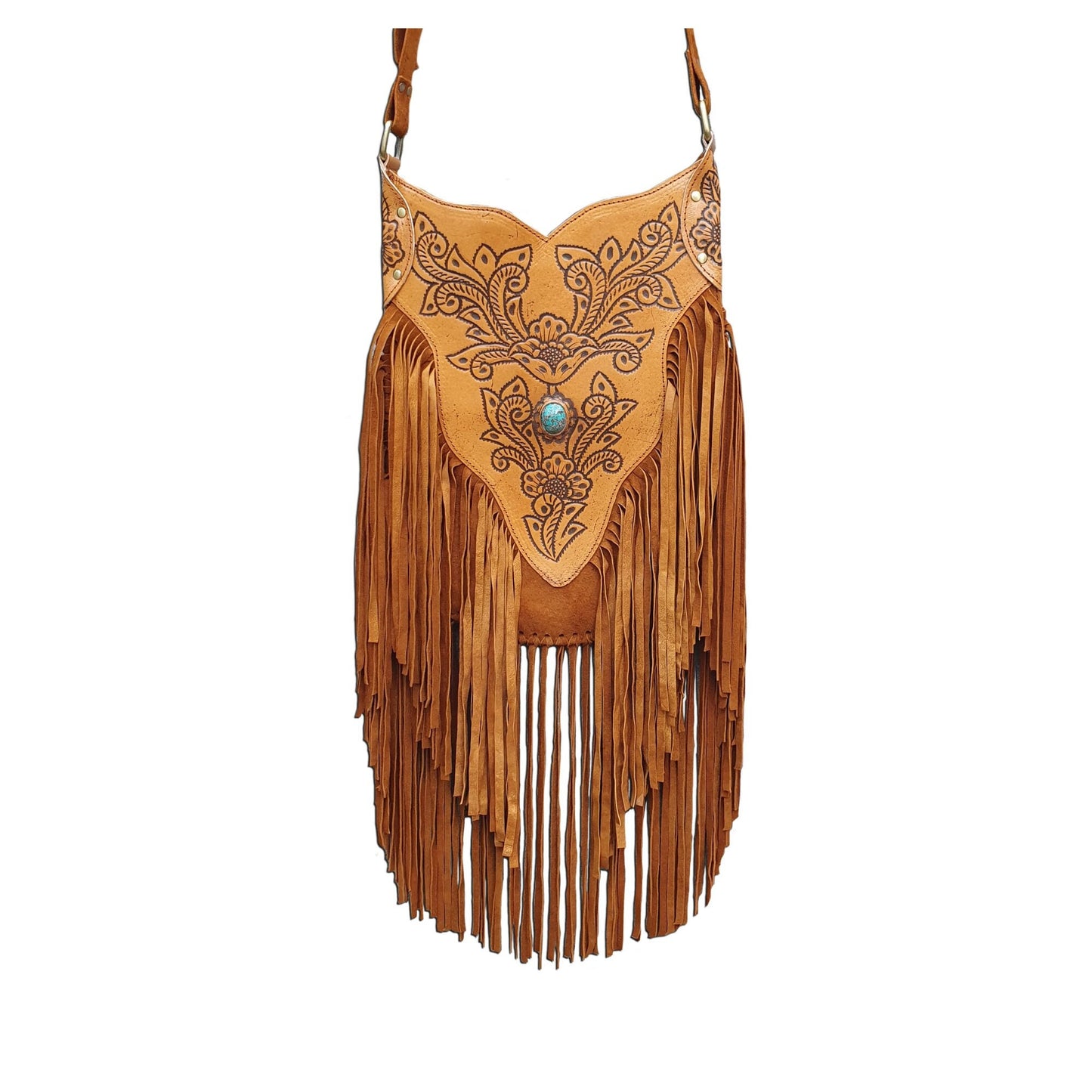 Bohemian Leather Fringe Purse, Tooled Crossbody Bag, Western Bag