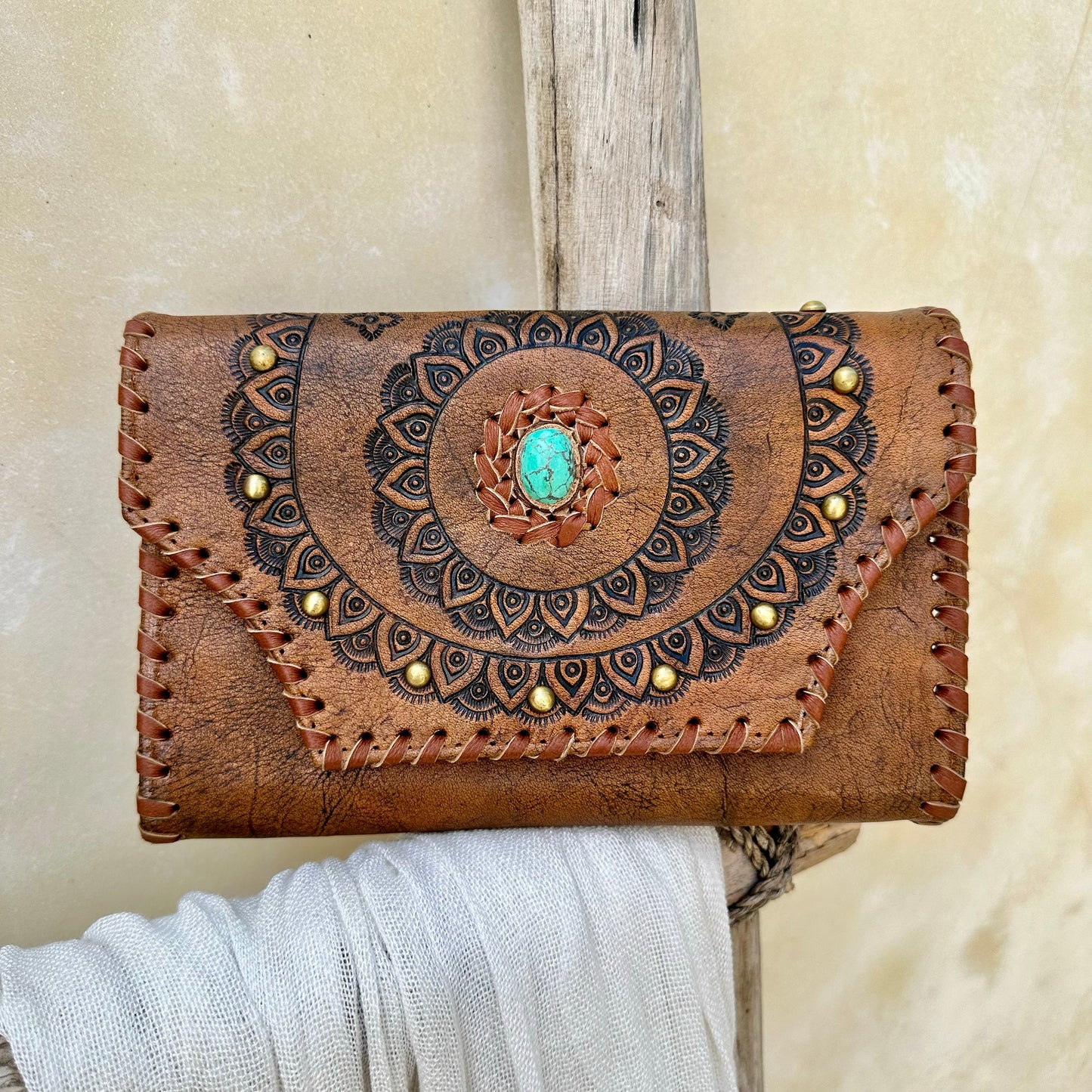 Leather tooled Wallet, boho clutch, brown wallet
