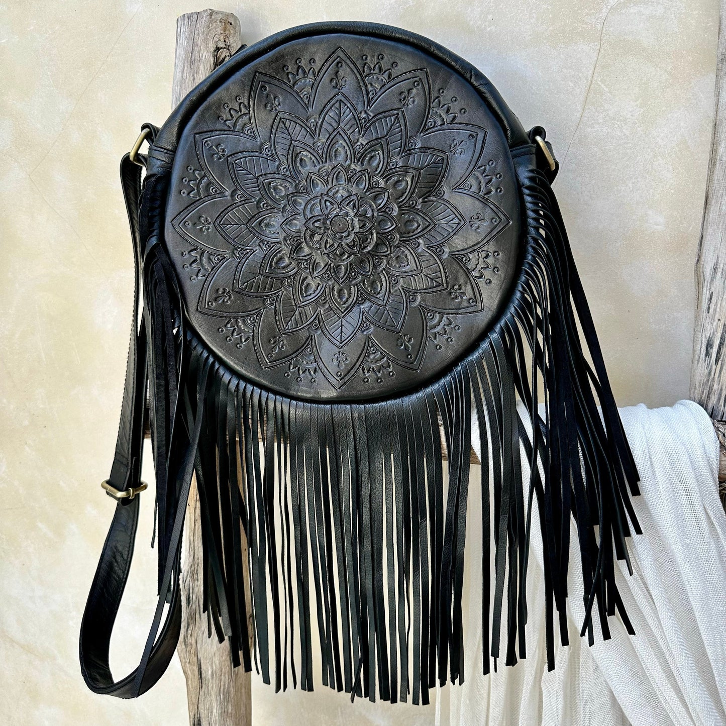 Boho Round Leather Fringe Purse, Cross body Bag with Fringes