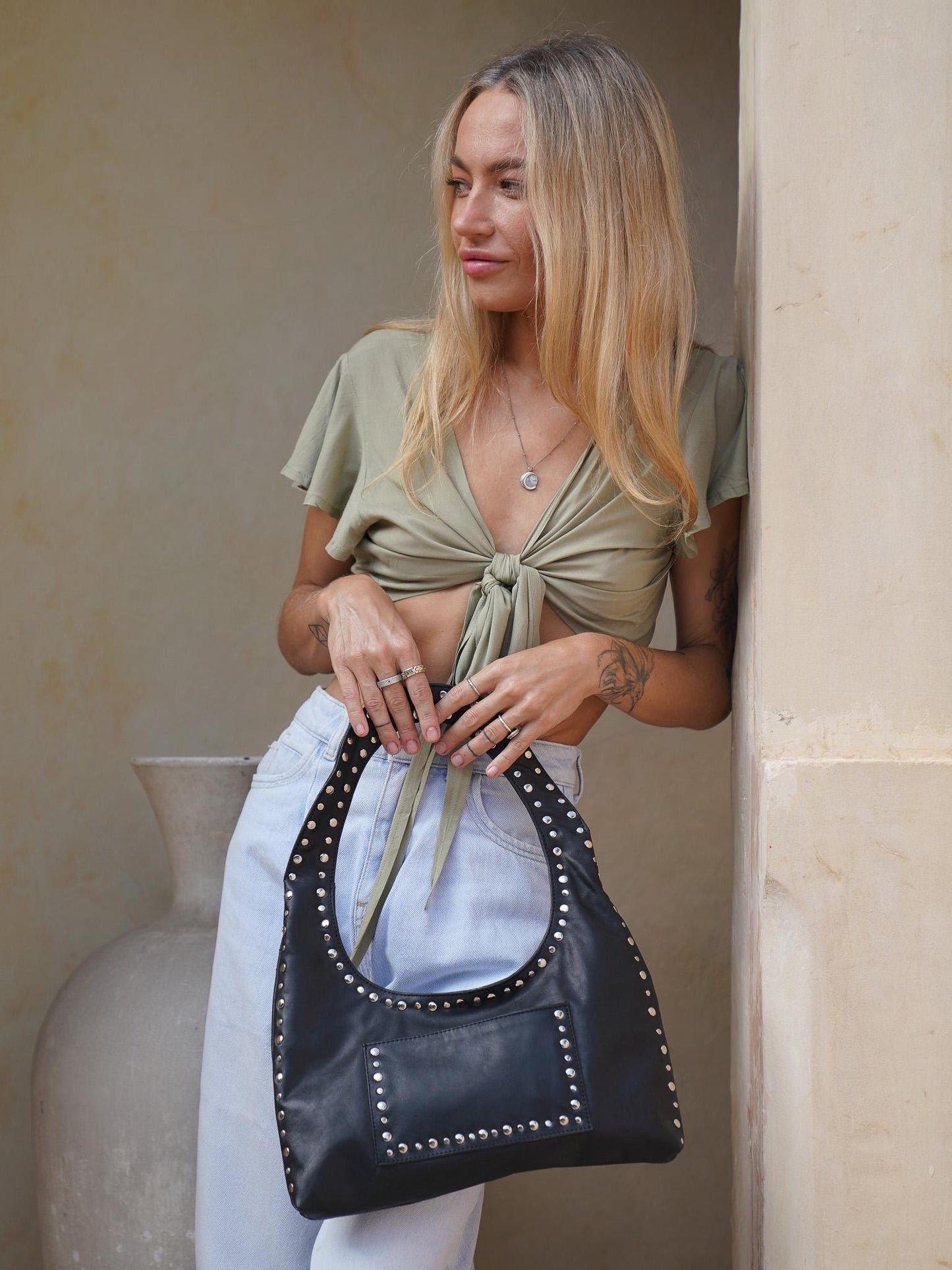 Black Leather Studded Shoulder Bag, Small Leather Purse