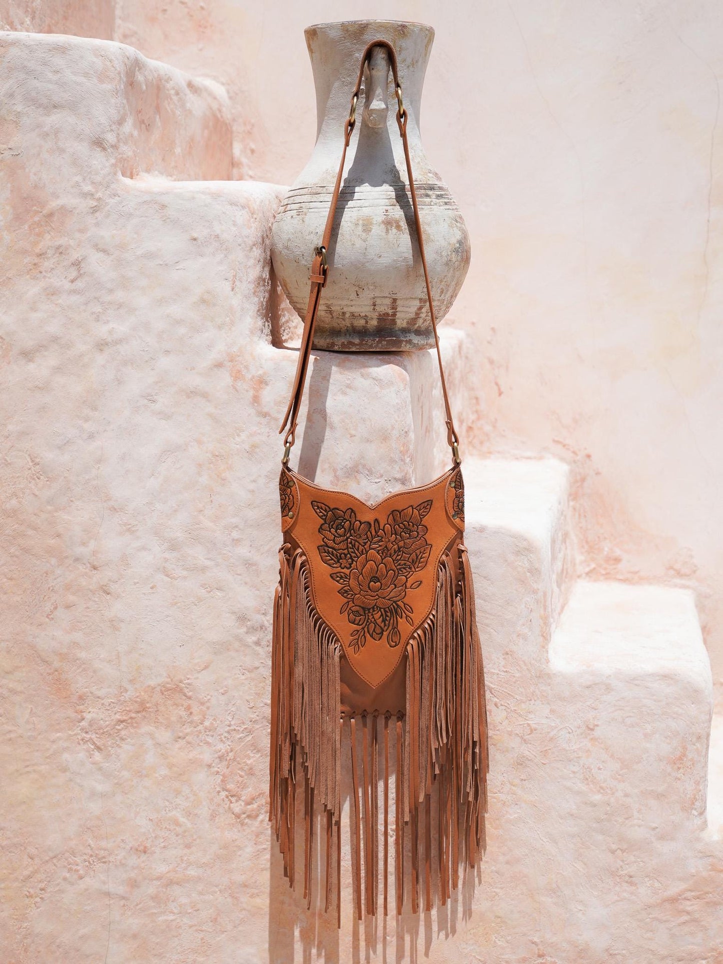 Boho Fringe Purse, Leather Carved Crossbody, Tooled Purse, Festival Bag
