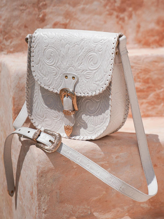 Hand-Tooled White Crossbody Leather Bag, Bohemian Hippy