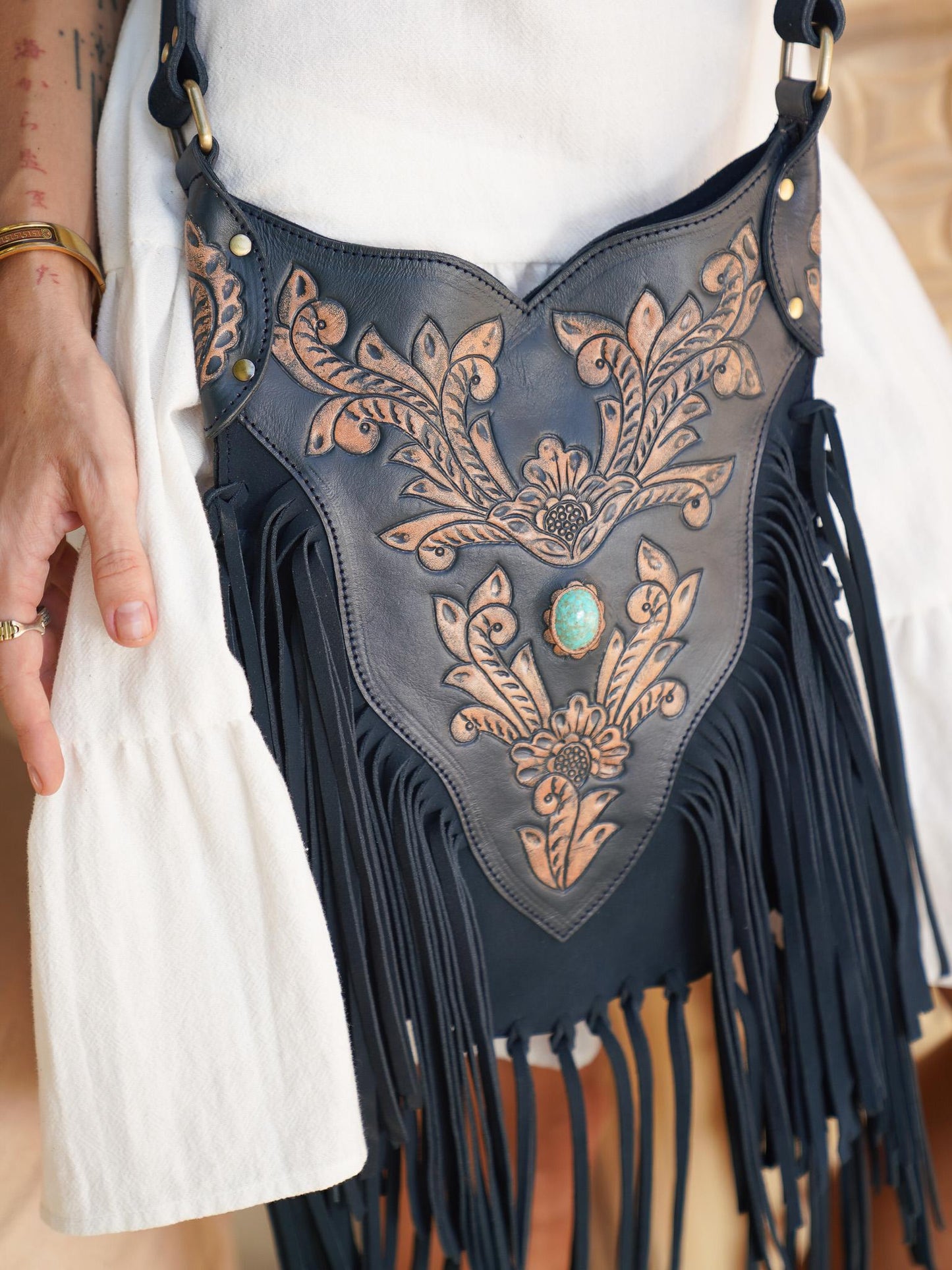 Navy Cross Body Bag, Leather Fringe Purse, Suede Leather Fringe Bag, Bohemian Leather Bag